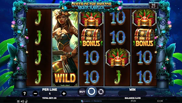 Queen of the Amazon Nightcrawler base game screenshot showing reels and features
