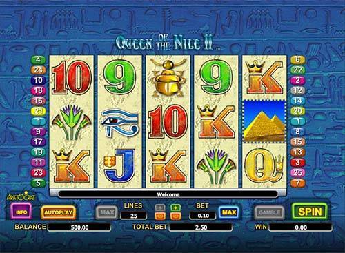 Queen of the Nile 2 base game screenshot showing reels and features
