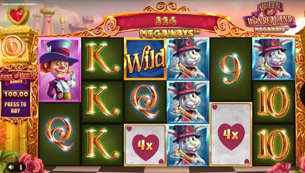 Queen of Wonderland Megaways base game screenshot showing reels and features
