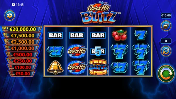 Quick Hit Blitz Blue base game screenshot showing reels and features