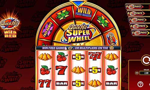 Quick Hit Super Wheel Wild Red base game screenshot showing reels and features