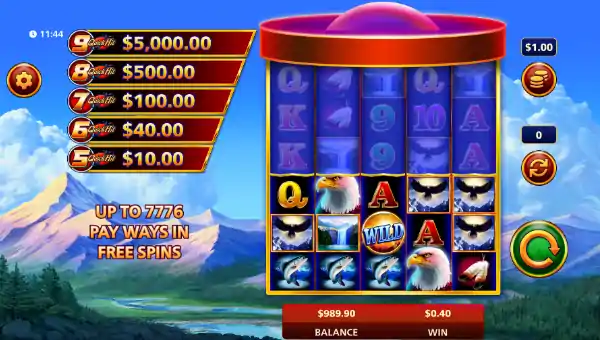 Quick Hit Ultra Pays Eagles Peak base game screenshot showing reels and features