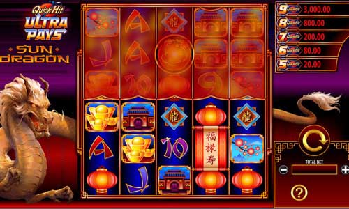 Quick Hit Ultra Pays Sun Dragon base game screenshot showing reels and features