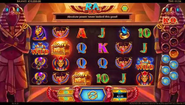 Ra KO base game screenshot showing reels and features