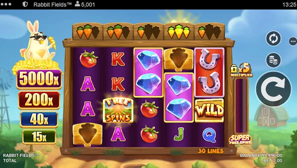 Rabbit Fields base game screenshot showing reels and features