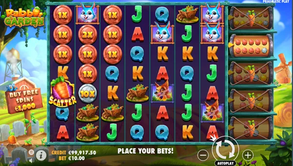 Rabbit Garden base game screenshot showing reels and features