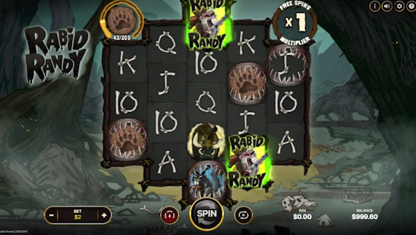 Rabid Randy base game screenshot showing reels and features