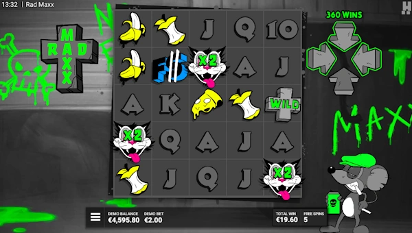 Screenshot of Rad Maxx slot demo showing reels and bonus game features