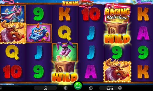 Raging Reindeer base game screenshot showing reels and features
