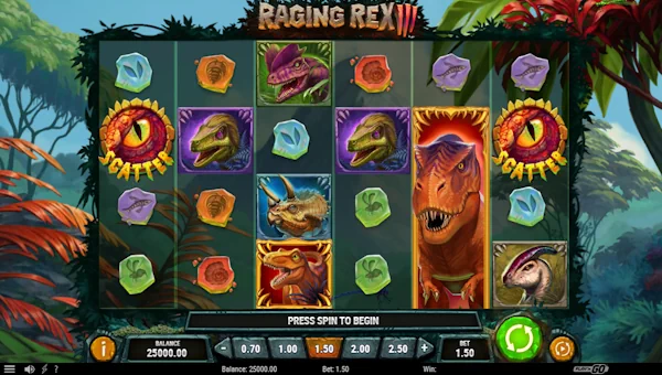 Raging Rex 3 base game screenshot showing reels and features