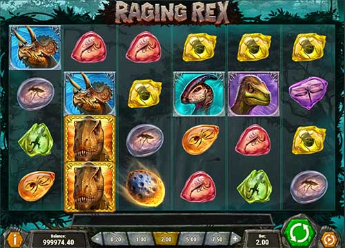 Raging Rex base game screenshot showing reels and features