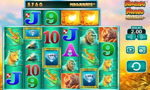 Raging Rhino Megaways base game screenshot showing reels and features