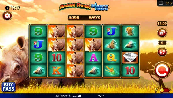 Raging Rhino Mighty Ways base game screenshot showing reels and features