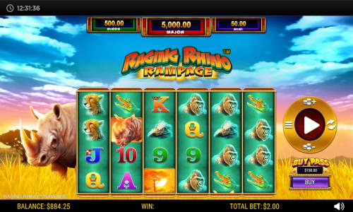 Raging Rhino Rampage base game screenshot showing reels and features