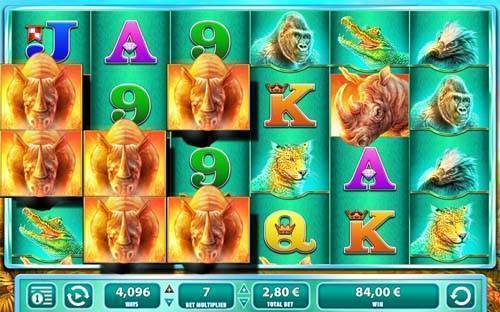 Raging Rhino base game screenshot showing reels and features