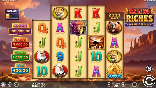 Raging Riches base game screenshot showing reels and features