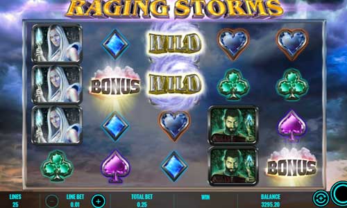 Raging Storms base game screenshot showing reels and features