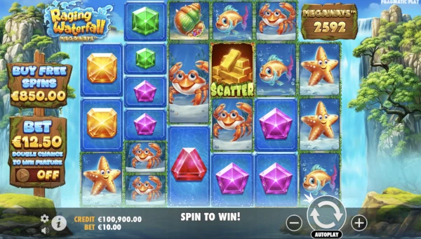 Raging Waterfall Megaways base game screenshot showing reels and features