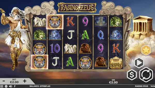 Raging Zeus base game screenshot showing reels and features