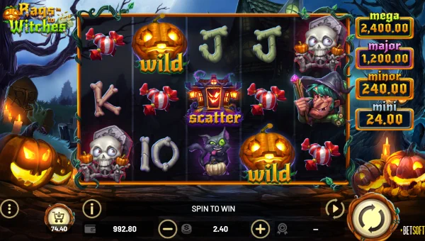 Rags to Witches base game screenshot showing reels and features