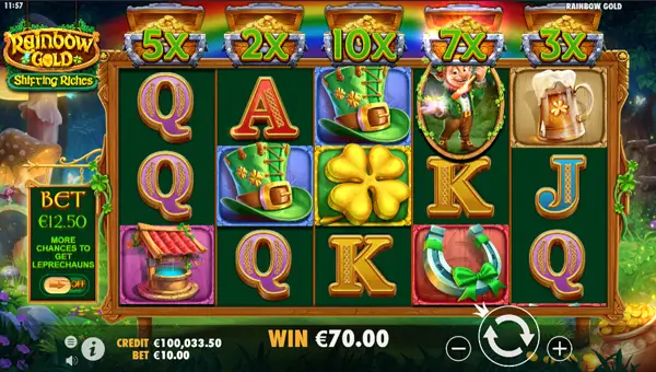 Rainbow Gold base game screenshot showing reels and features