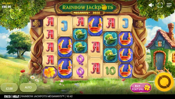 Rainbow Jackpots Megaways base game screenshot showing reels and features