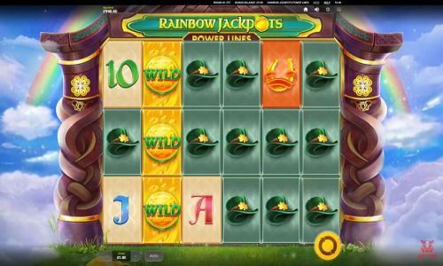 Rainbow Jackpots Power Lines base game screenshot showing reels and features
