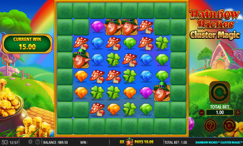 Rainbow Riches Cluster Magic base game screenshot showing reels and features
