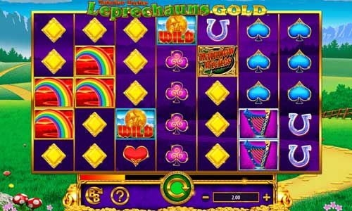 Rainbow Riches Leprechauns Gold base game screenshot showing reels and features