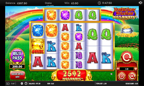 Rainbow Riches Megaways base game screenshot showing reels and features