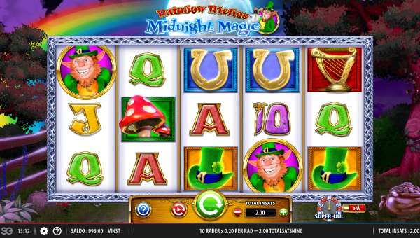 Rainbow Riches Midnight Magic base game screenshot showing reels and features