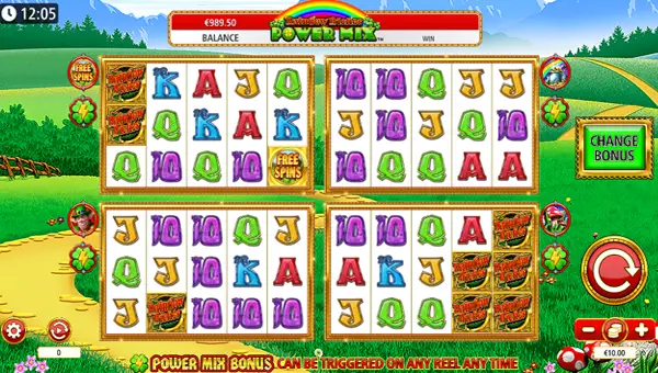 Rainbow Riches Power Mix base game screenshot showing reels and features