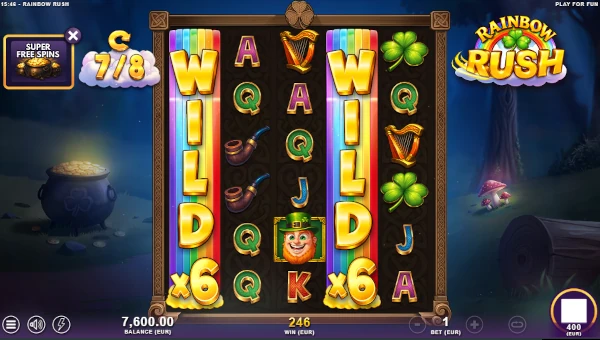 Screenshot of Rainbow Rush slot demo showing reels and bonus game features