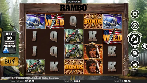 Rambo base game screenshot showing reels and features