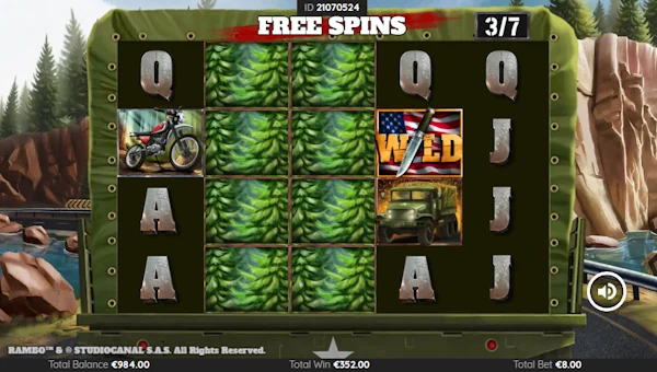 Screenshot of Rambo slot demo showing reels and bonus game features