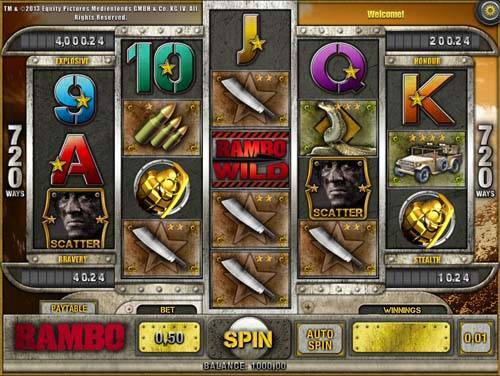 Rambo base game screenshot showing reels and features