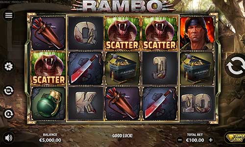 Rambo base game screenshot showing reels and features