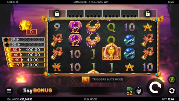 Ramses Blitz base game screenshot showing reels and features