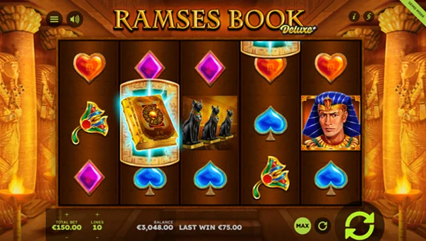 Ramses Book Deluxe base game screenshot showing reels and features