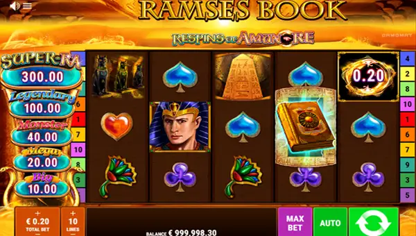 Ramses Book Respins of AmunRe base game screenshot showing reels and features