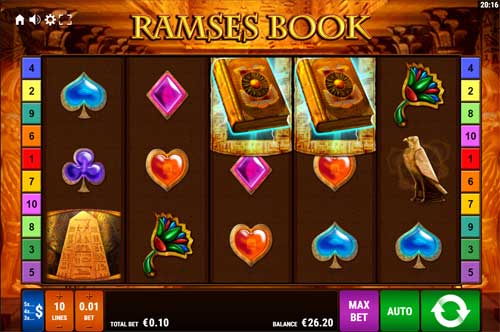 Ramses Book base game screenshot showing reels and features