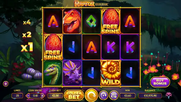 Raptor base game screenshot showing reels and features
