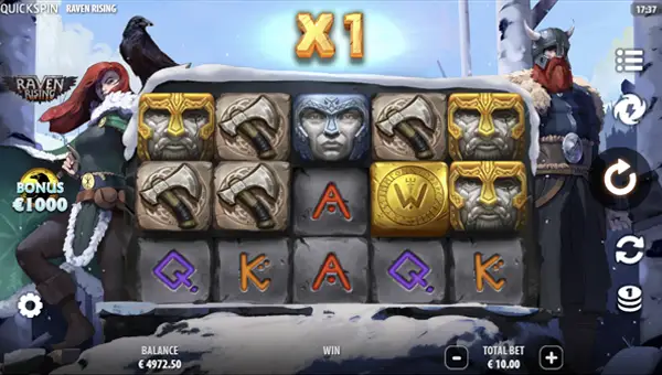 Raven Rising base game screenshot showing reels and features