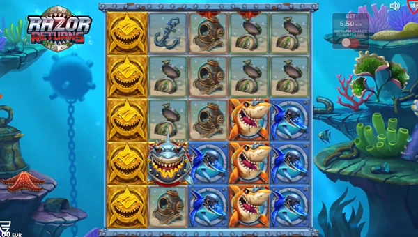 Razor Returns base game screenshot showing reels and features