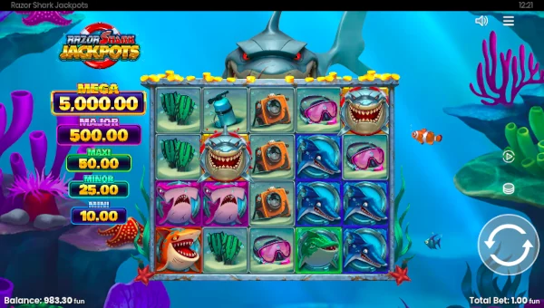 Razor Shark Jackpots base game screenshot showing reels and features