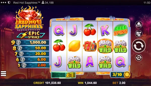 Red Hot Sapphires base game screenshot showing reels and features