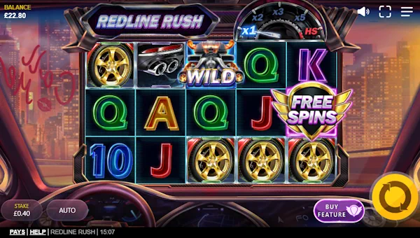 Redline Rush base game screenshot showing reels and features