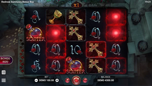 Redrose Sanctuary base game screenshot showing reels and features