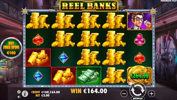 Reel Banks base game screenshot showing reels and features