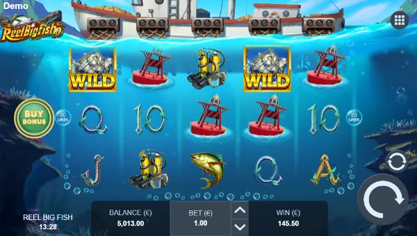 Reel Big Fish base game screenshot showing reels and features